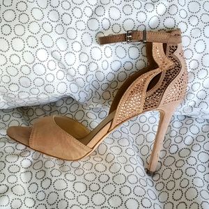Tan suede open-toe heels with rhinestones